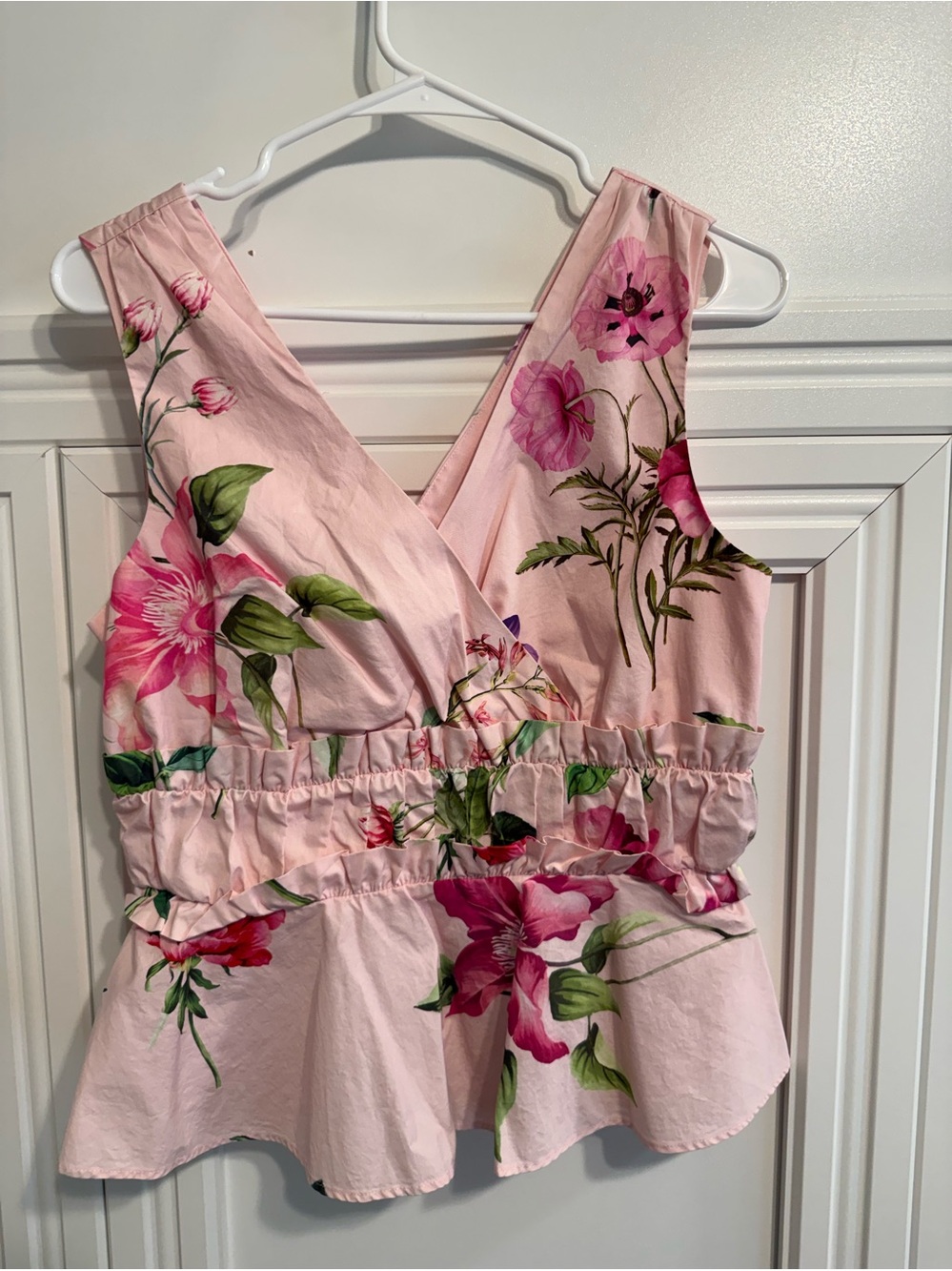 Express Pink Floral V-Neck Peplum Tank